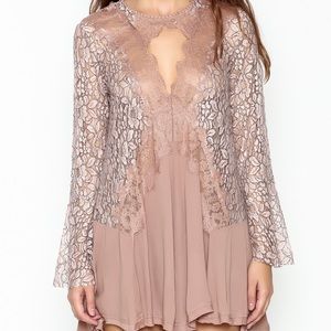 Blush Lace Mini Dress with Bell Sleeves